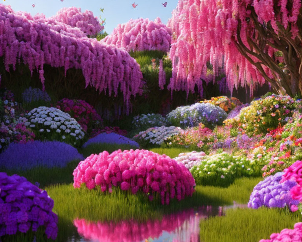 Vibrant pink wisteria in lush garden with multicolored flower beds and serene pond