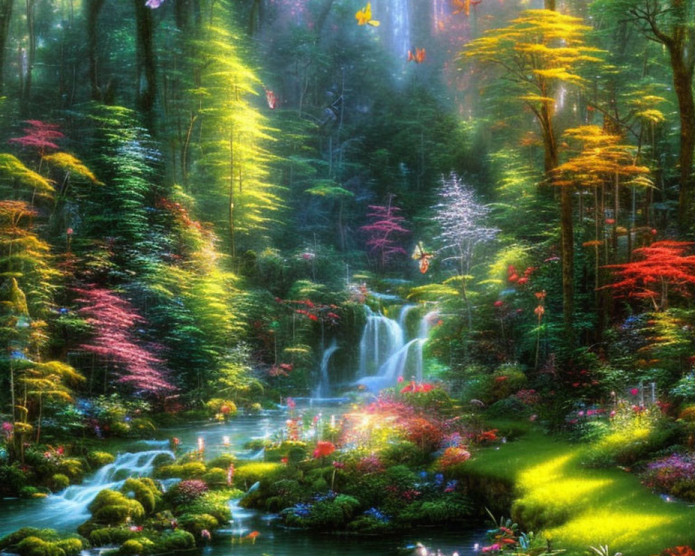 Lush Forest Scene with Waterfall and Sunlight Beams