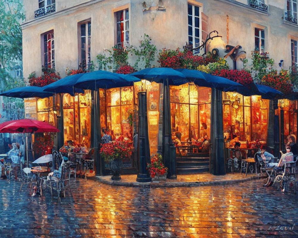 Cozy street-side café with warm lighting, dining patrons, red flowers, wet cobblestone pavement