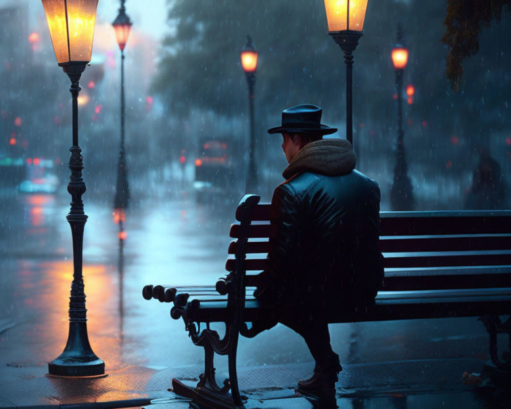 Person in Hat Sitting on Bench at Night in Rainy Street Scene