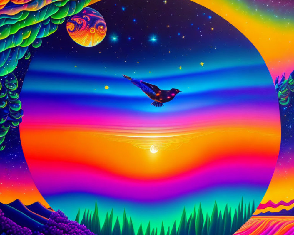 Colorful Psychedelic Landscape with Bird, Mountains, Moon, Sun