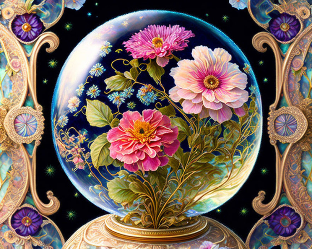 Colorful globe with blooming flowers and celestial motifs on starry background