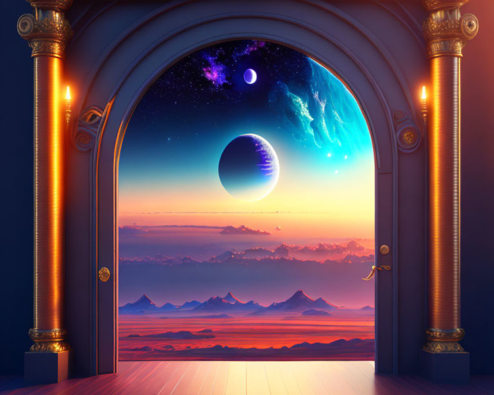 Ornate Open Archway Revealing Surreal Landscape with Celestial Bodies, Mountains, and Neb