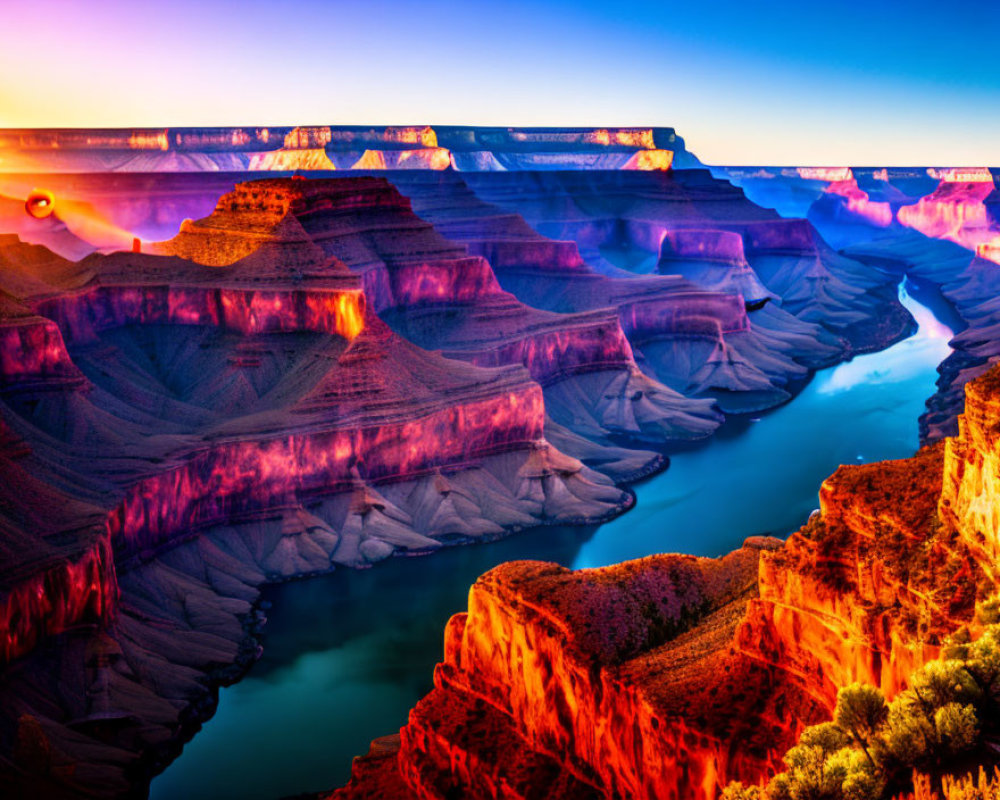 Vibrant Grand Canyon sunset with blue and orange hues reflecting on river