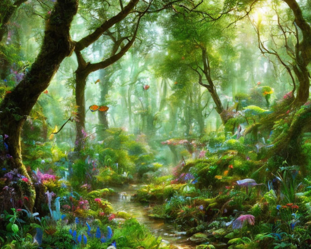 Lush forest scene with vibrant flowers, moss-covered trees, stream, and butterfly