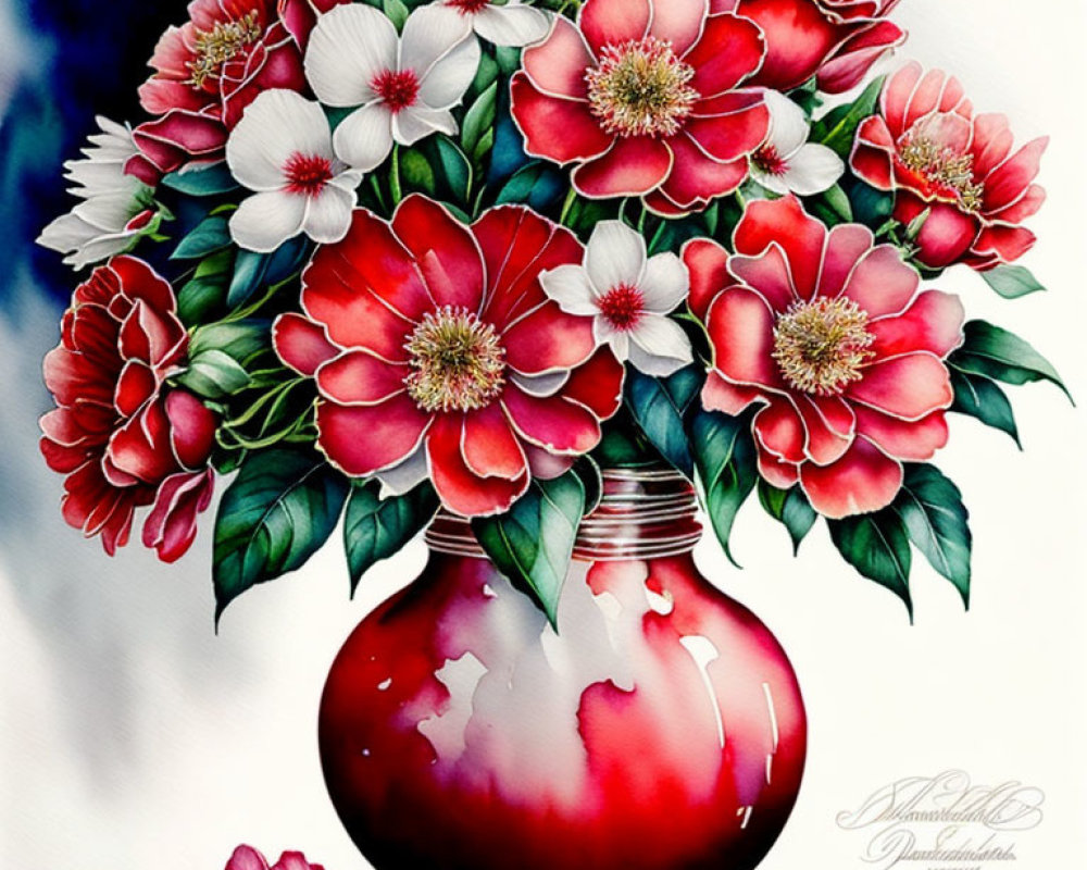 Red and White Flower Bouquet in Shiny Red Vase on White Background