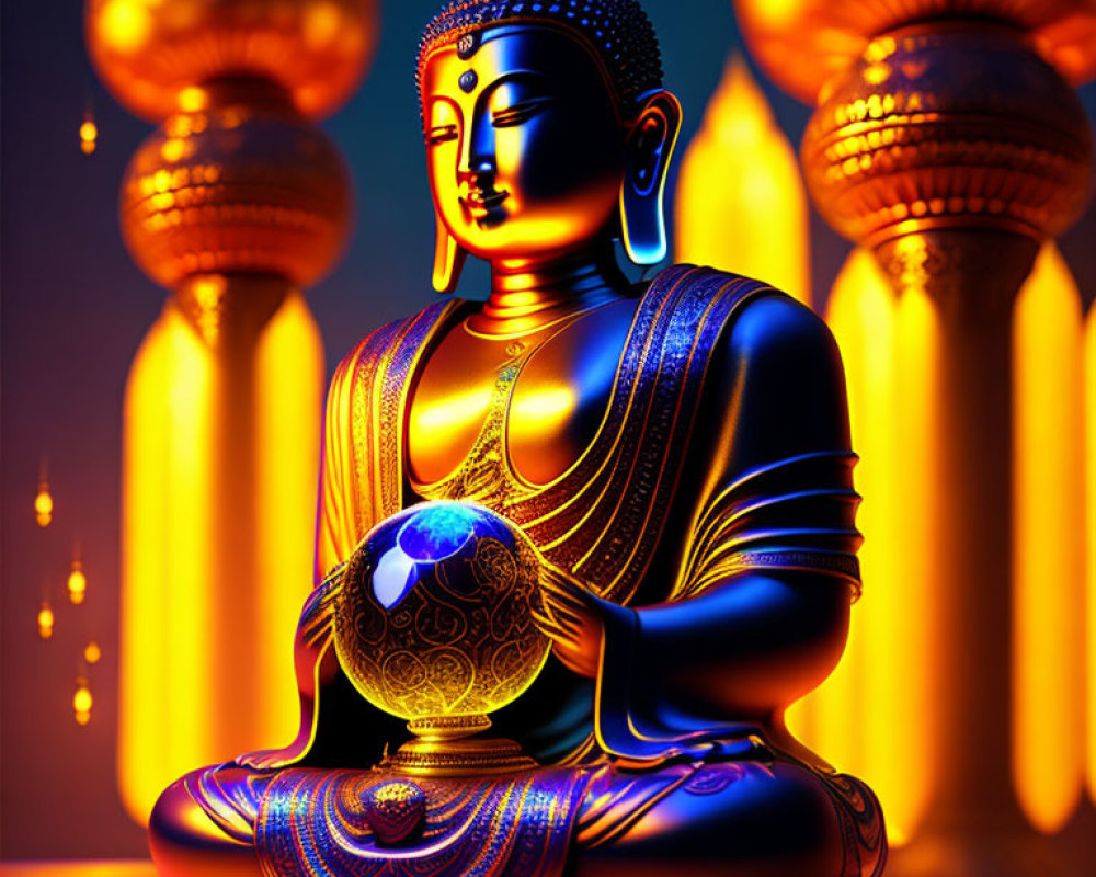 Glowing Buddha statue with orb, ornate pillars, and warm lighting