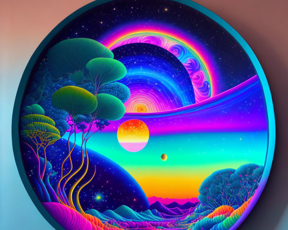 Colorful Circular Artwork: Surreal Landscape with Trees, Hills, Starry Sky