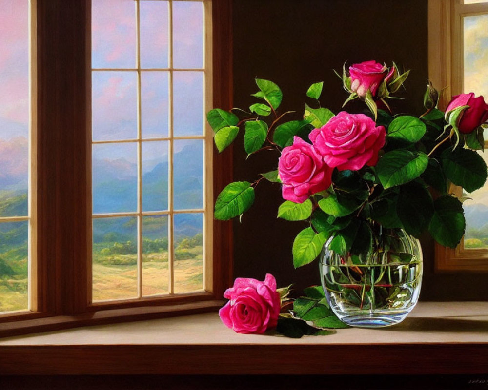 Vibrant pink roses in glass vase on windowsill with mountain landscape