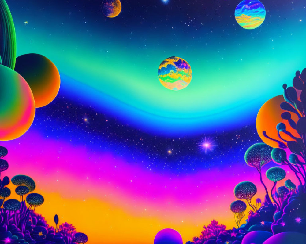 Colorful digital artwork of surreal alien landscape with starry sky and vibrant flora