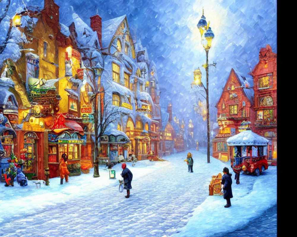 Snowy Dusk Street Scene with Lit Buildings and Market Stalls