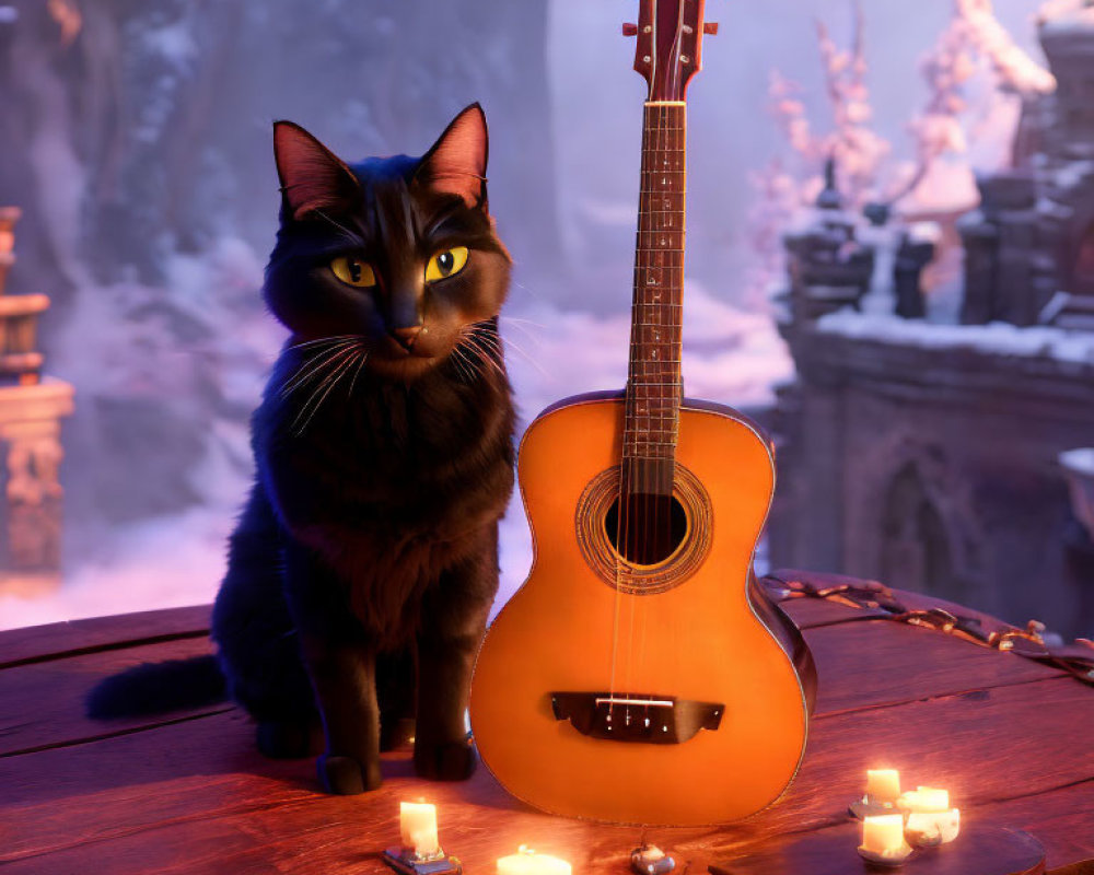 Black Cat with Guitar and Candles on Wooden Surface