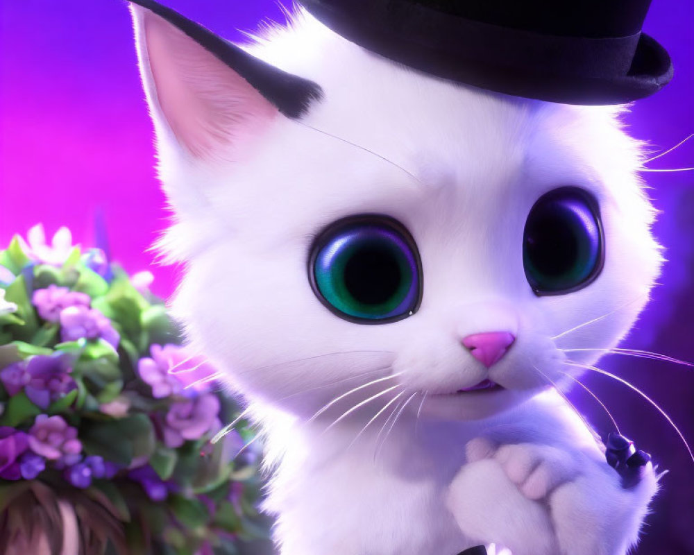 Animated white kitten with green eyes in top hat and bowtie with purple lighting and flowers.