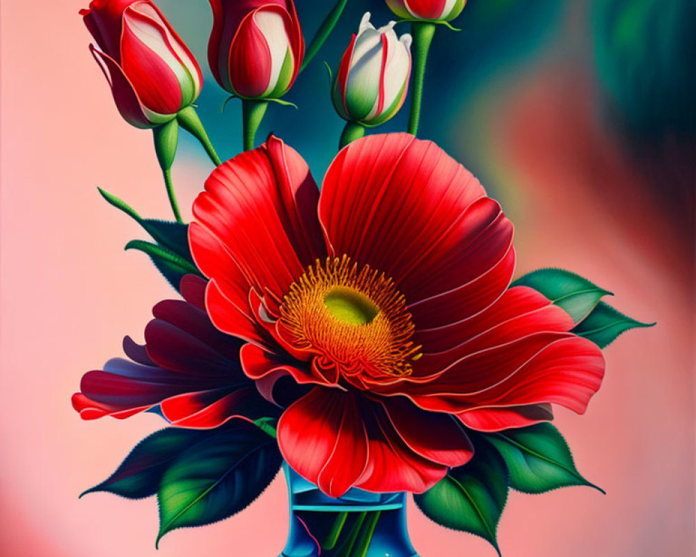 Colorful floral painting with red flower and yellow center on soft backdrop