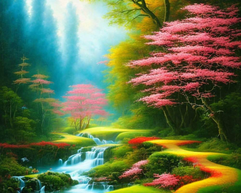 Colorful Forest Scene with Pink Trees, Waterfall, and Sunlit Path