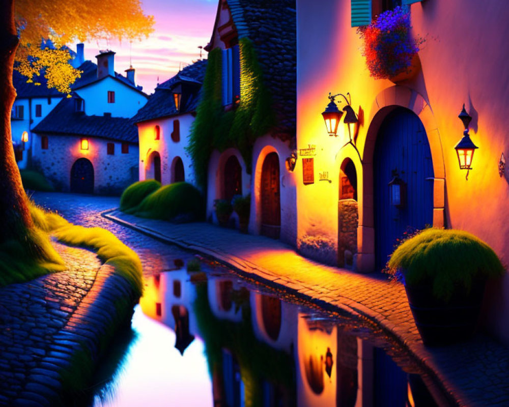 Cobblestone Street Reflects Lantern Glow in Village Twilight