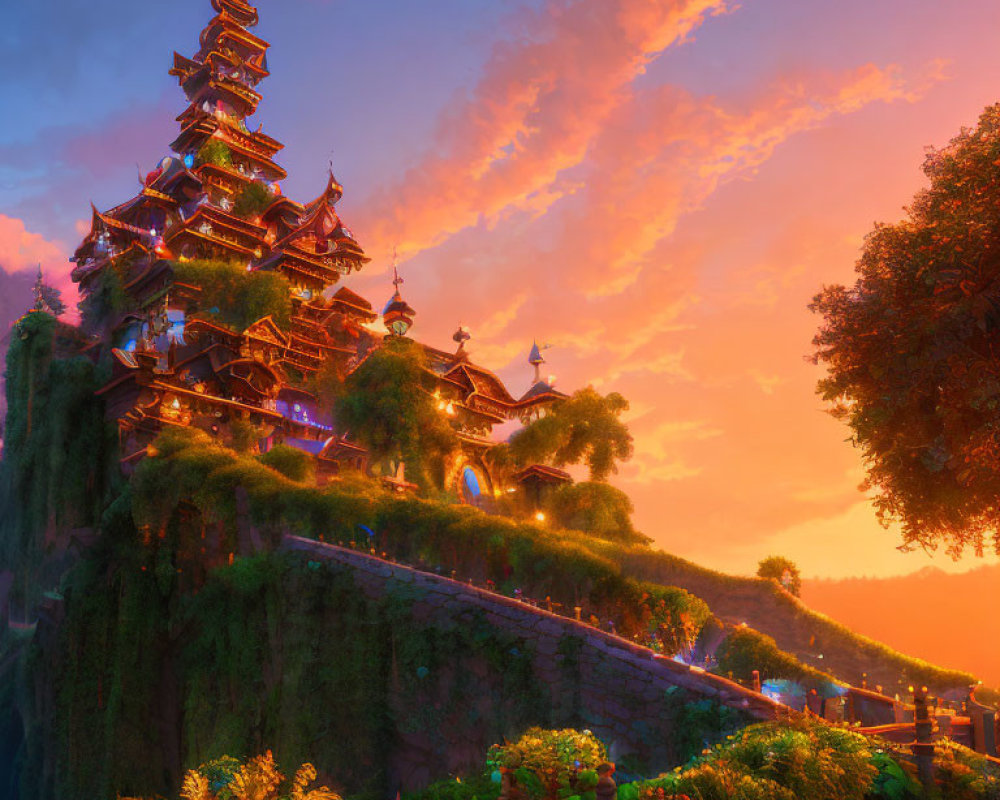 Pagoda on Cliff at Sunset with Illuminated Tiers