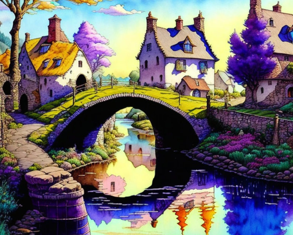 Colorful illustration: Quaint village, stone bridge, river, lush trees, purplish sky