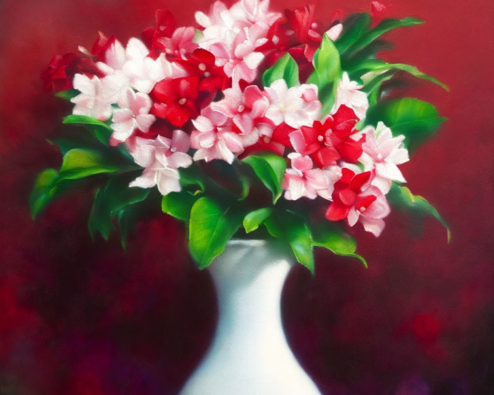 Colorful oil painting of red and white flowers in a vase on textured background