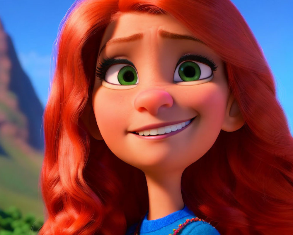 Bright Red-Haired Animated Character in Blue Outfit Smiling with Green Eyes