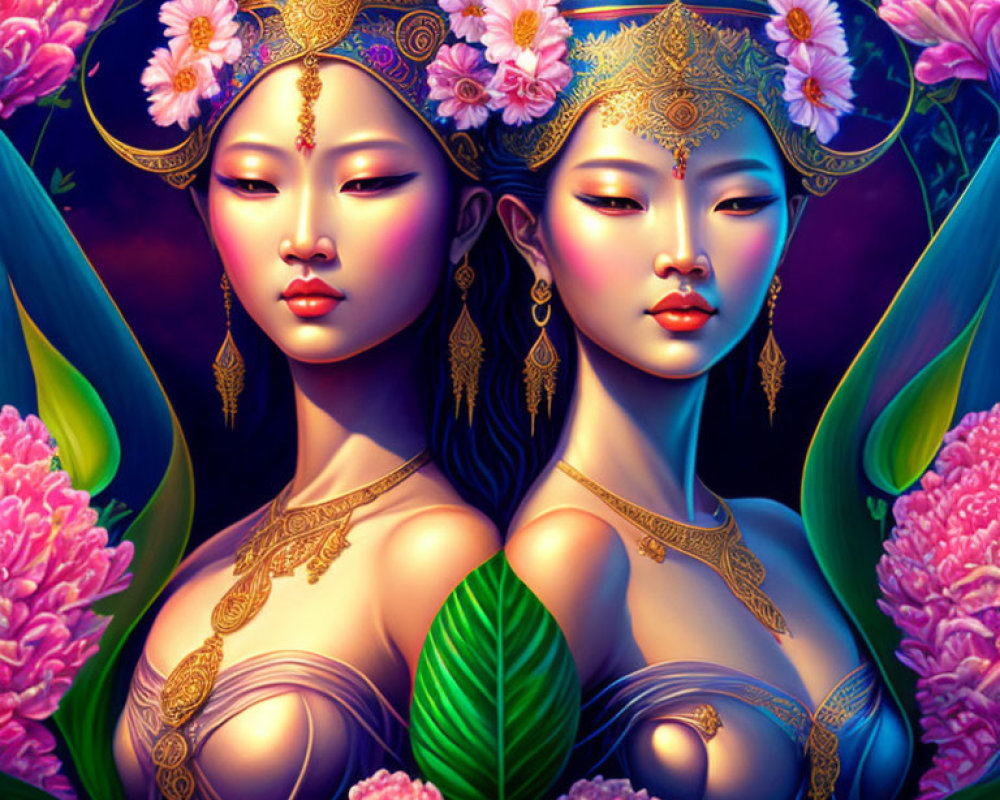 Stylized digital artwork featuring two Asian women in golden headdresses amid vibrant pink blooms