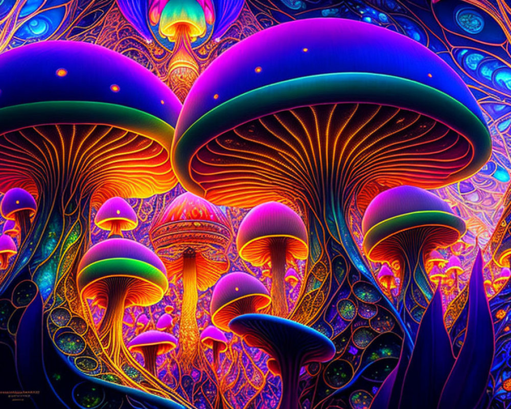 Colorful Psychedelic Artwork of Stylized Mushrooms in Neon Environment