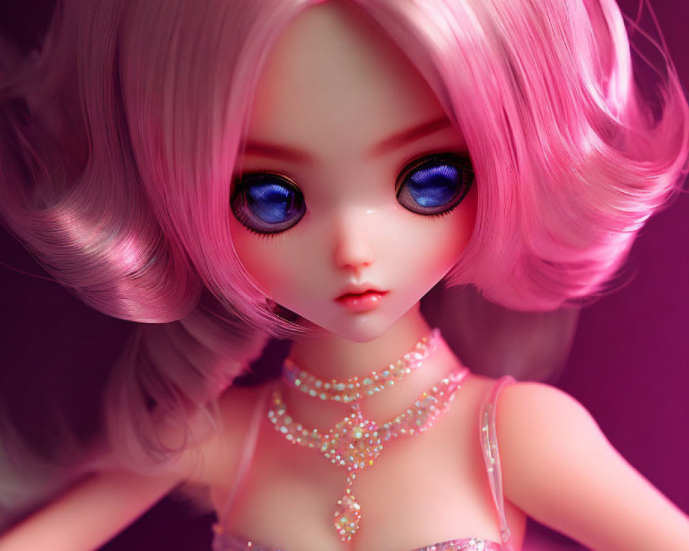 Doll with Pink Hair, Blue Eyes, and Sparkling Necklace on Pink Background