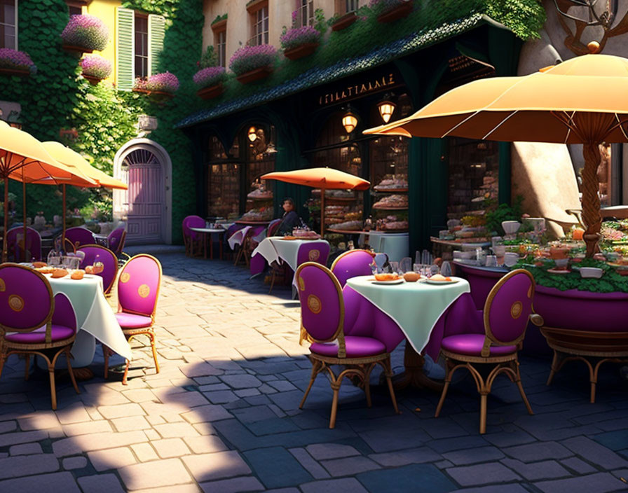 Outdoor Restaurant Scene with Purple Chairs and Orange Umbrellas