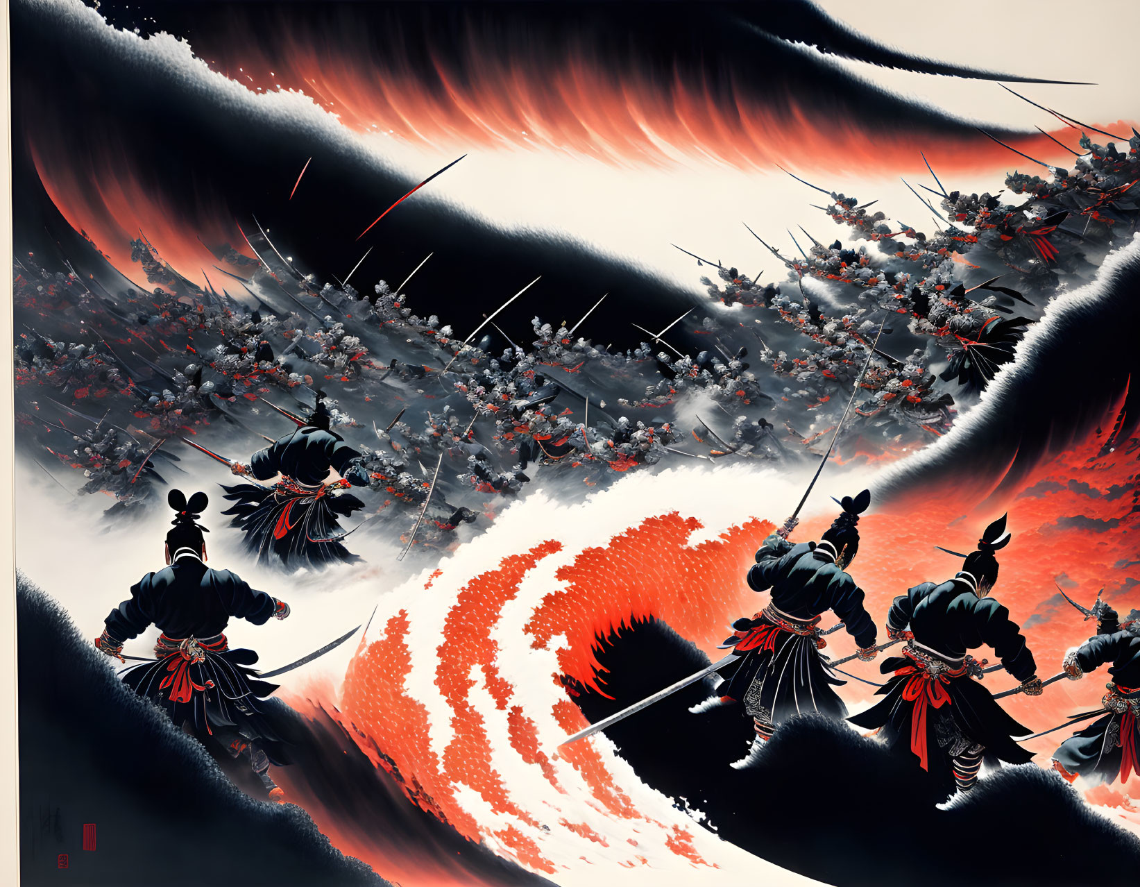 Samurai warriors in battle with red and black tones and wave patterns