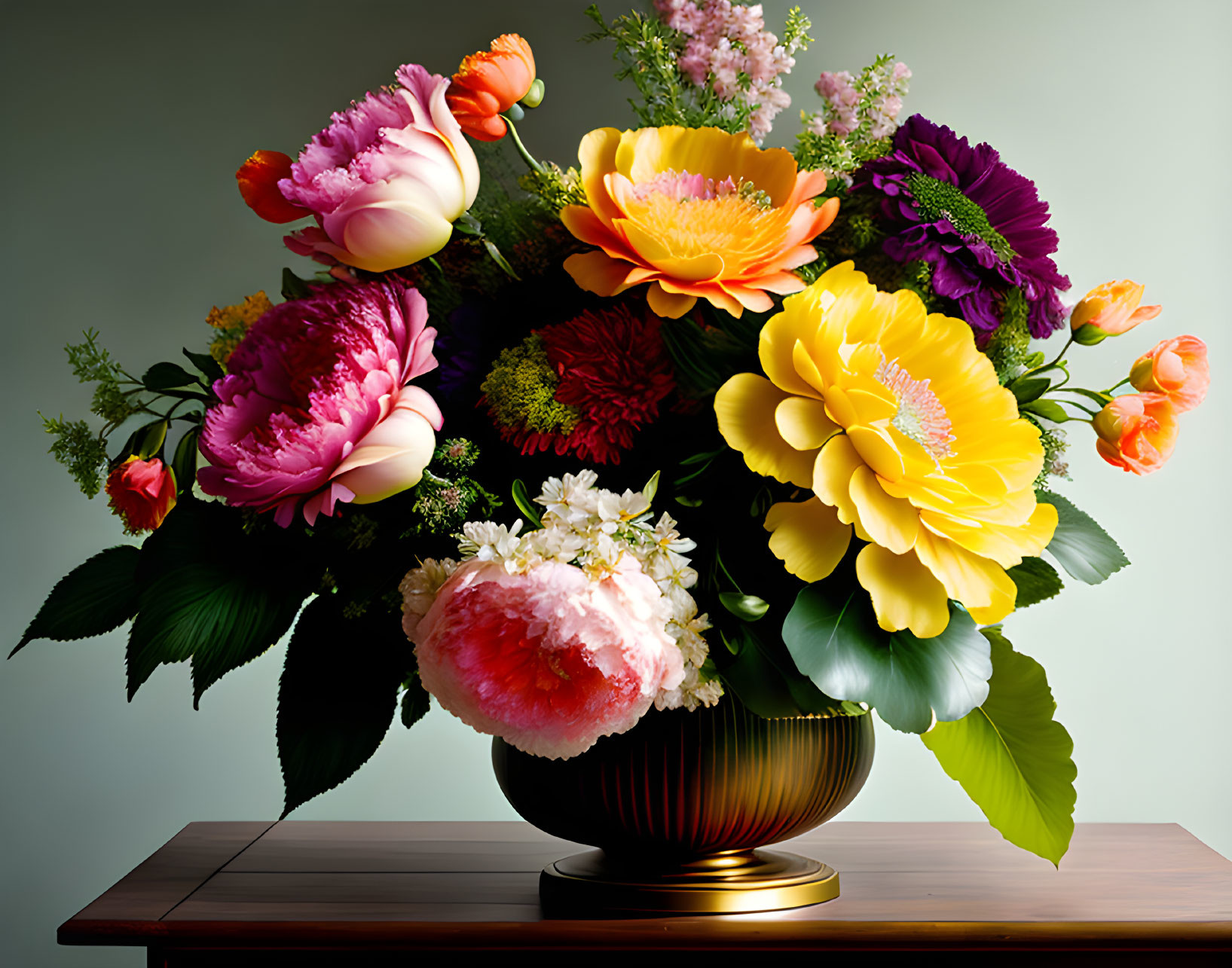 Colorful Flower Bouquet in Gold Vase on Wooden Table