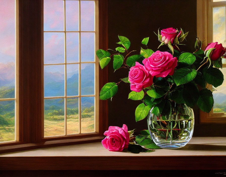 Vibrant pink roses in glass vase on windowsill with mountain landscape