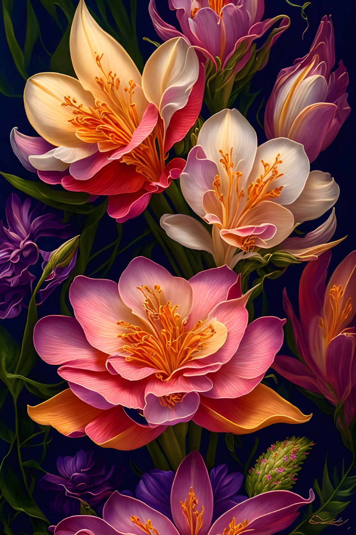 Assorted Blooming Flowers Digital Painting with Richly Colored Petals