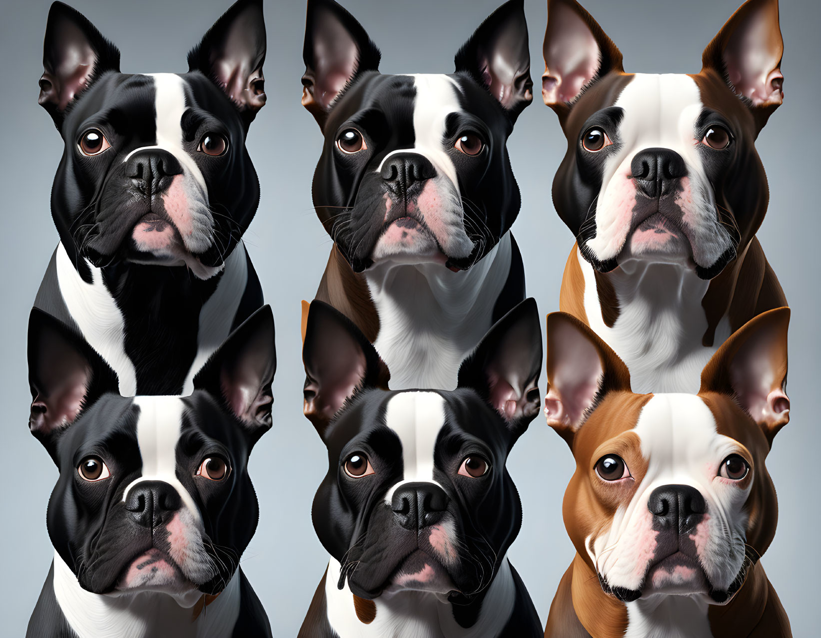 Six French Bulldog Portraits with Different Expressions and Ear Positions on Grey Background