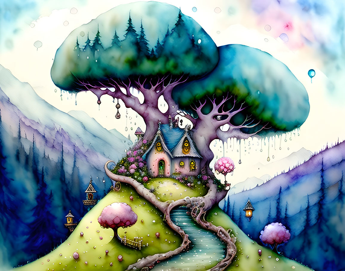 Whimsical mushroom house painting with magical backdrop