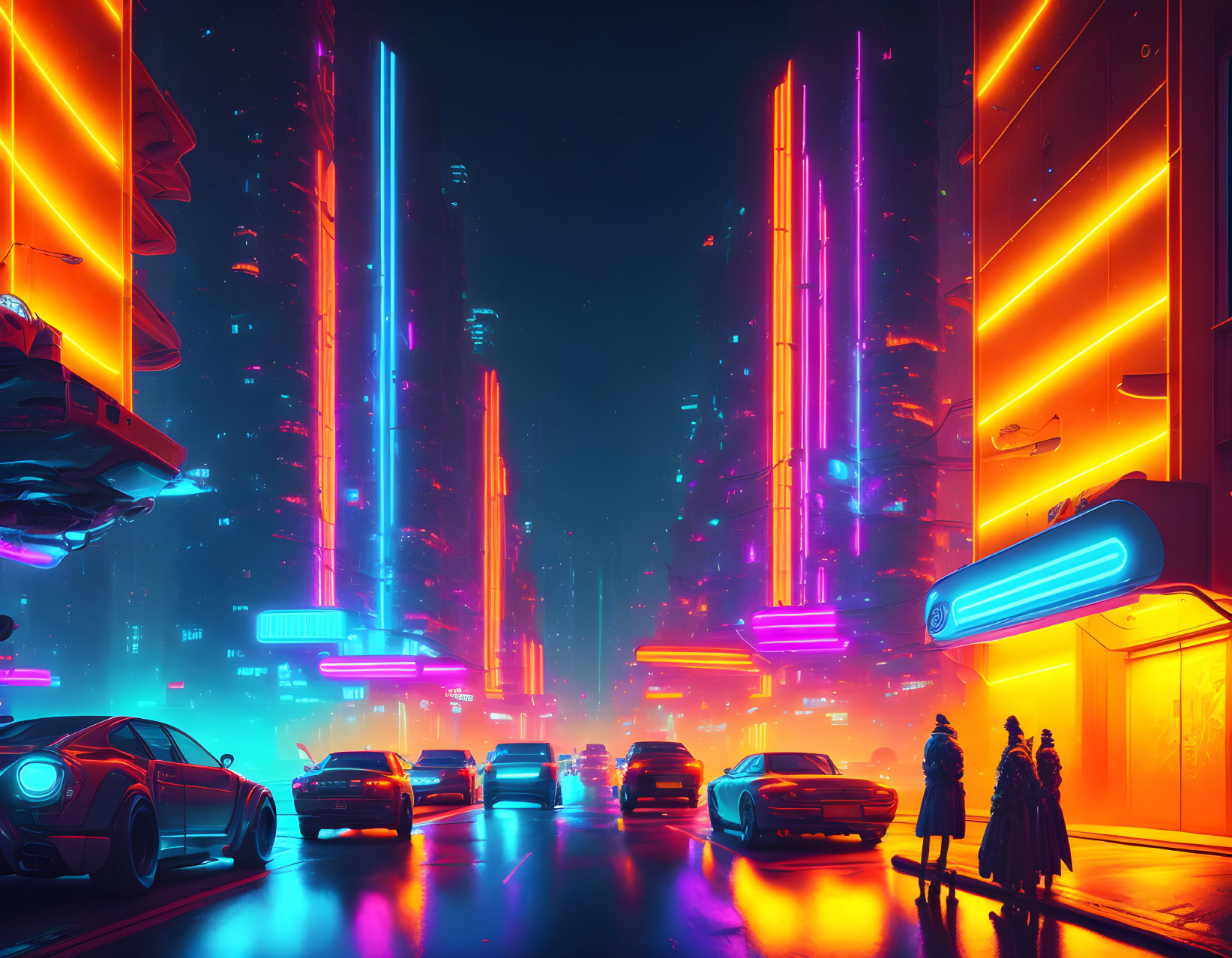 Futuristic neon-lit cityscape with skyscrapers and flying cars