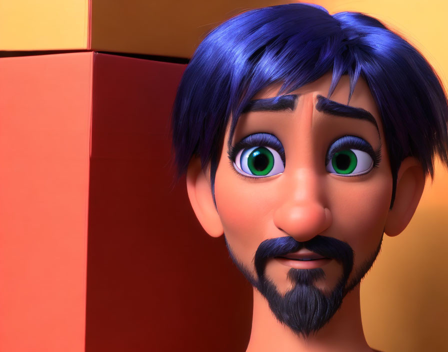 Blue-haired 3D-animated character with green eyes and black mustache in red and orange square