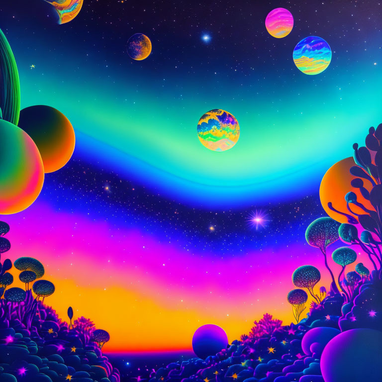 Colorful digital artwork of surreal alien landscape with starry sky and vibrant flora