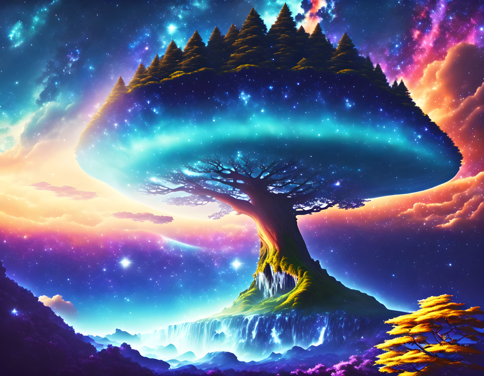 Surreal tree with celestial canopy in vibrant cosmic setting