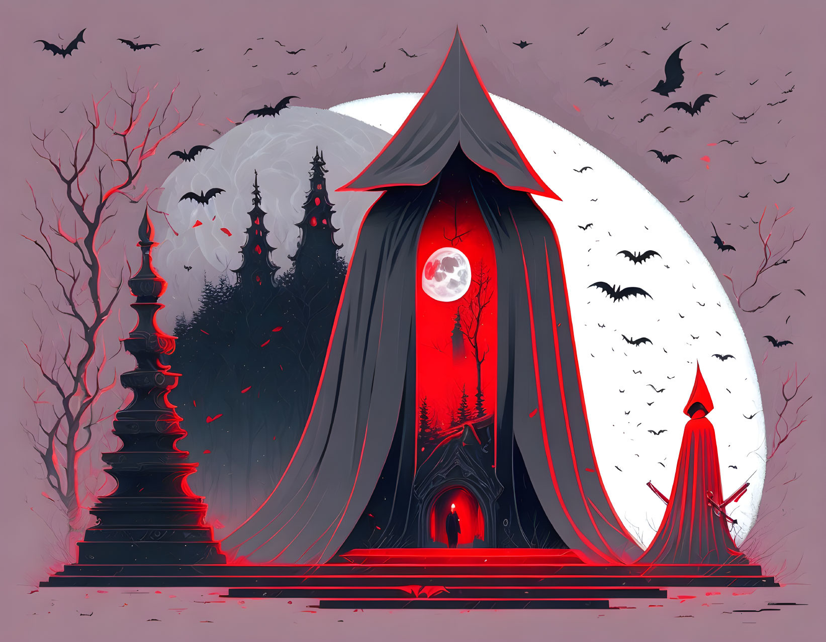 Spooky tent scene with cloaked figure, bats, barren trees, and full moon