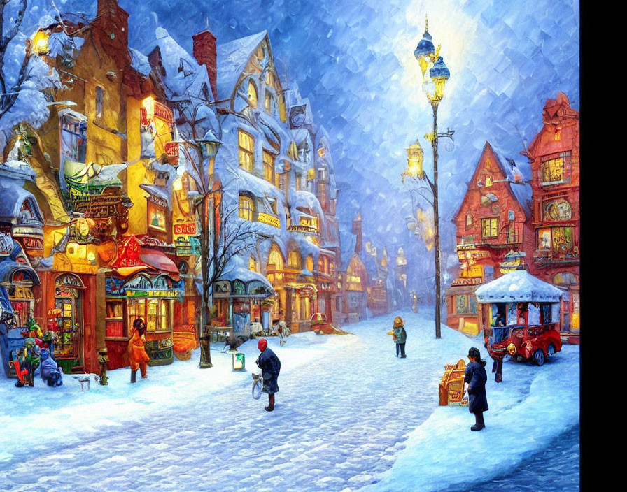 Snowy Dusk Street Scene with Lit Buildings and Market Stalls