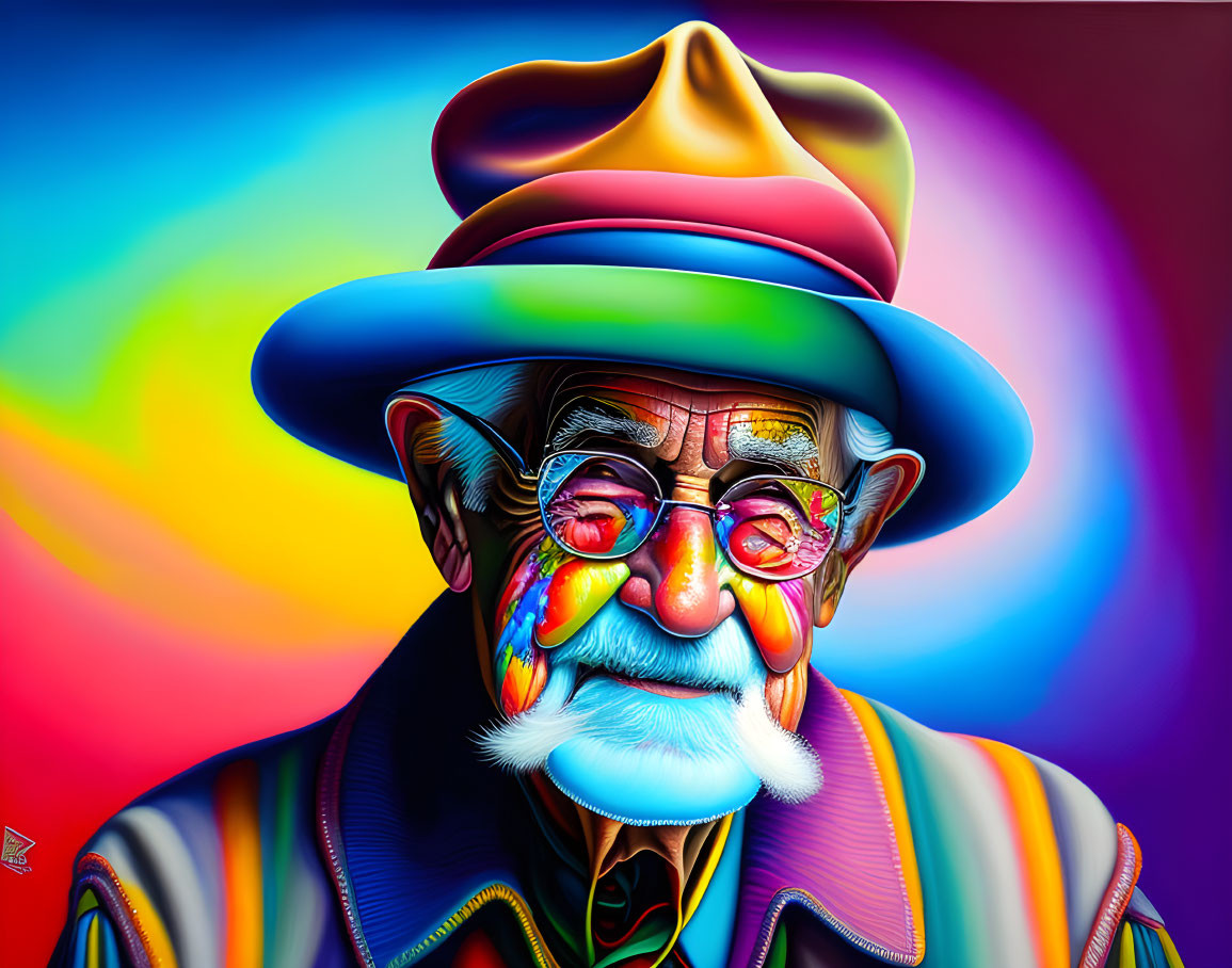 Vibrant portrait of elderly person in colorful attire on gradient backdrop