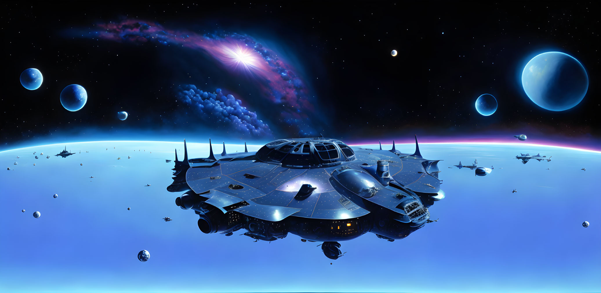 Futuristic spaceship exploring vast cosmos with planets and stars