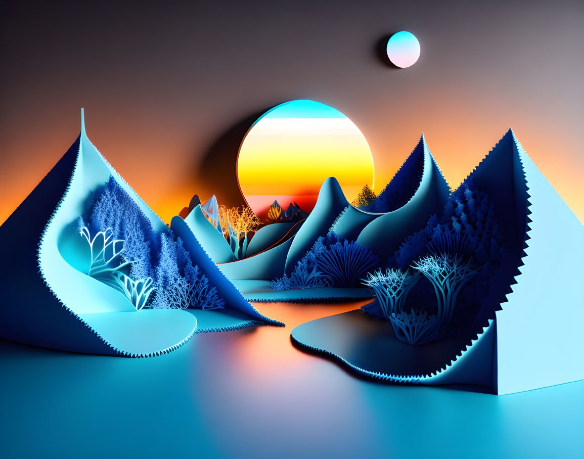 Geometric blue mountains and coral-like trees in vivid landscape