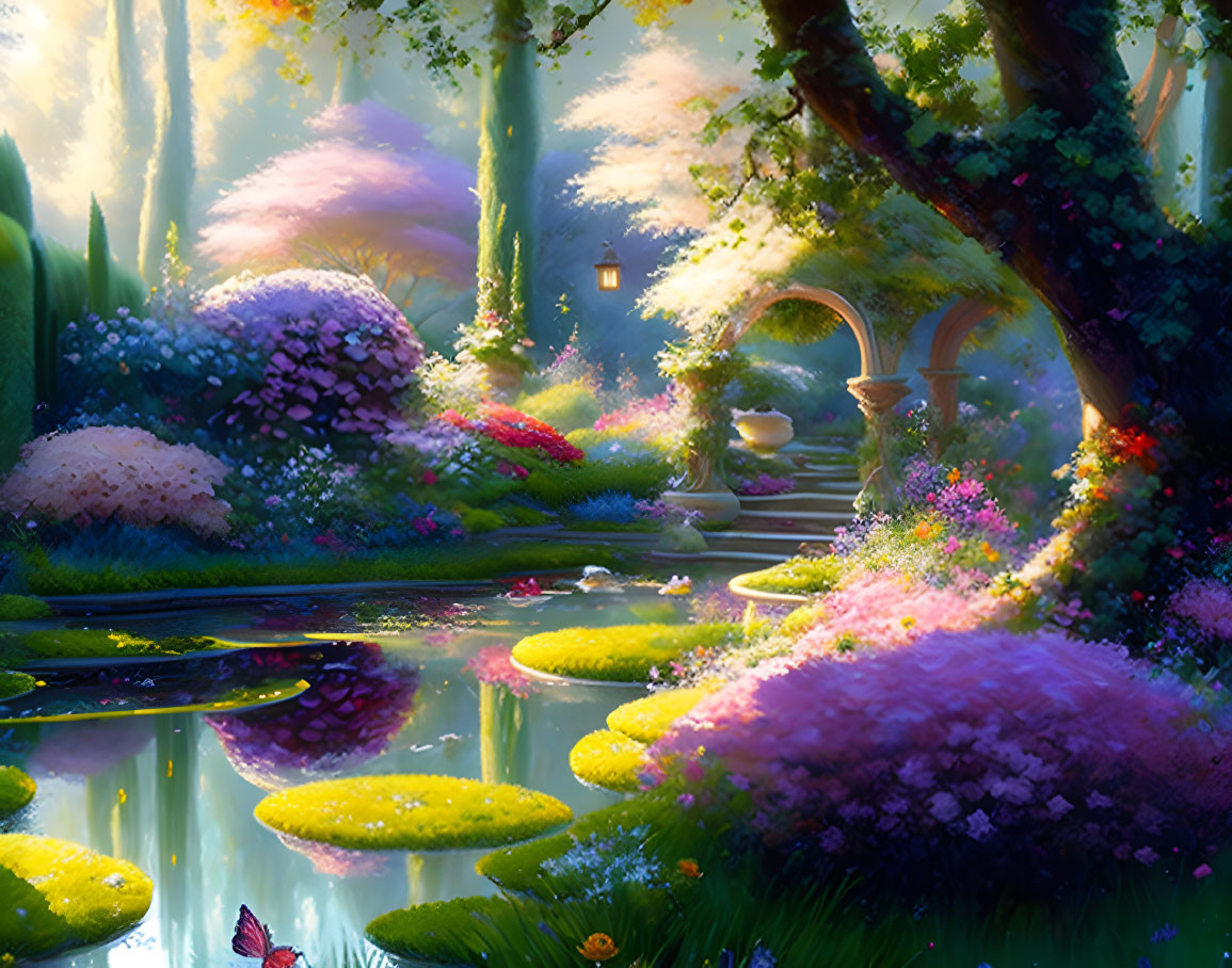 Enchanting Garden with Blooming Flowers and Pond