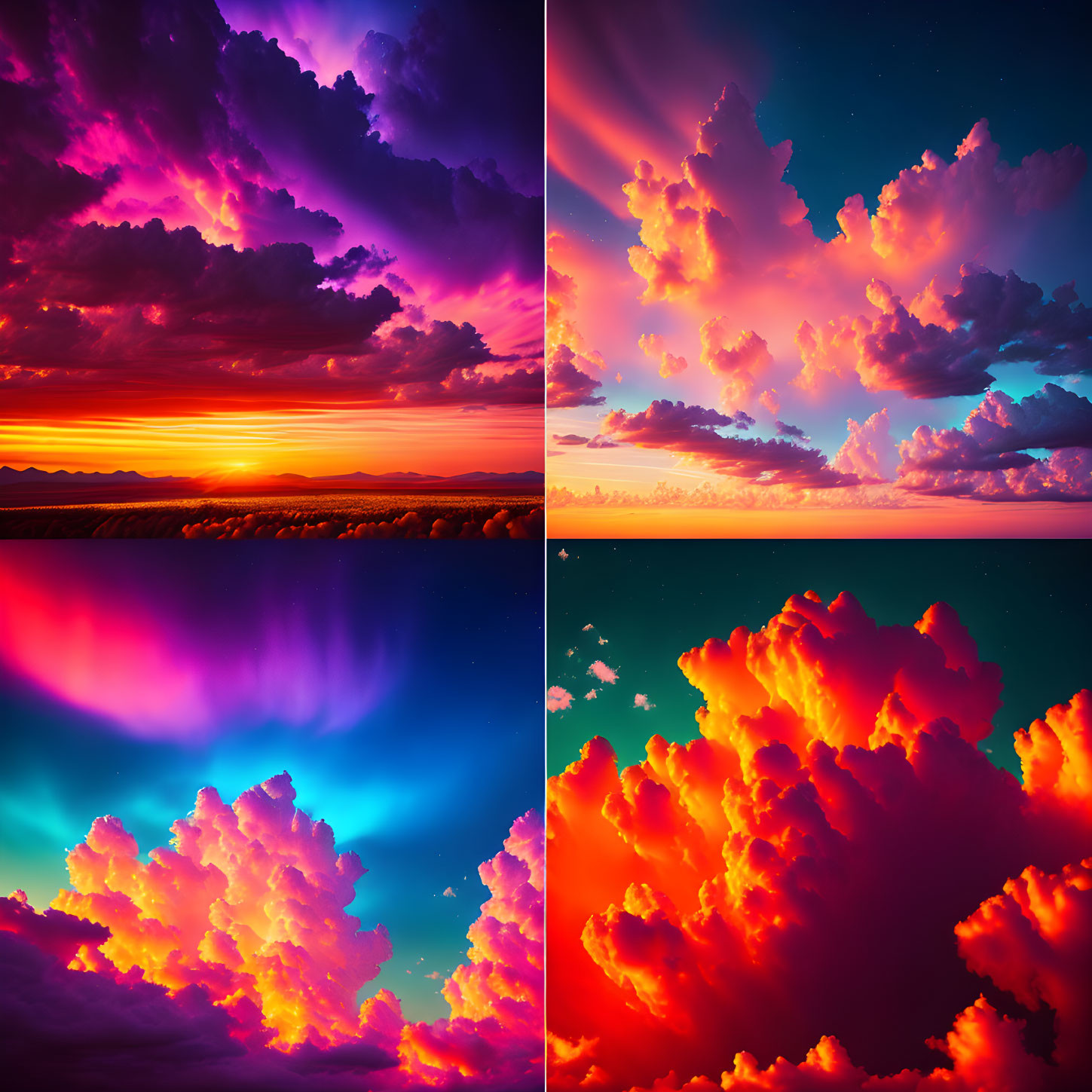 Vibrant sky scenes: vivid sunsets and cloudscapes in oranges, purples,