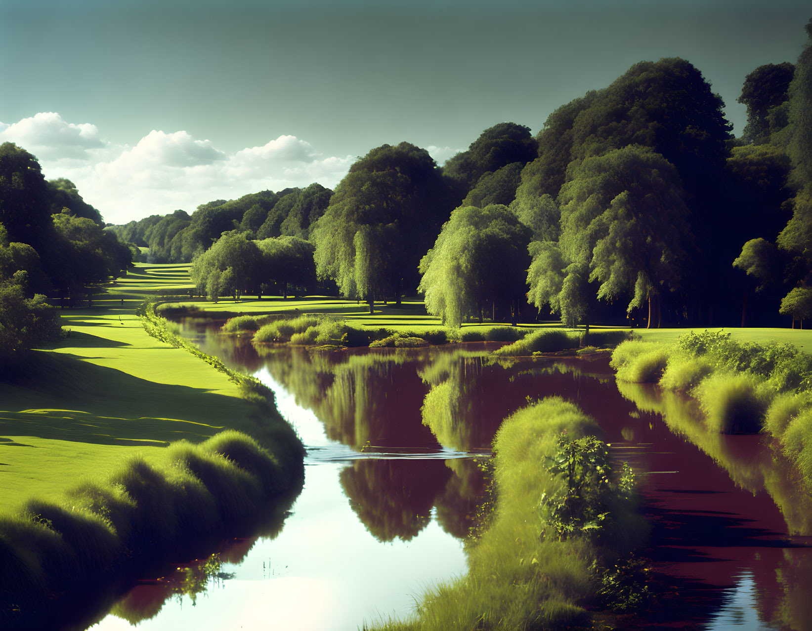 Tranquil golf course scene with water hazard, trees, and cloudy sky