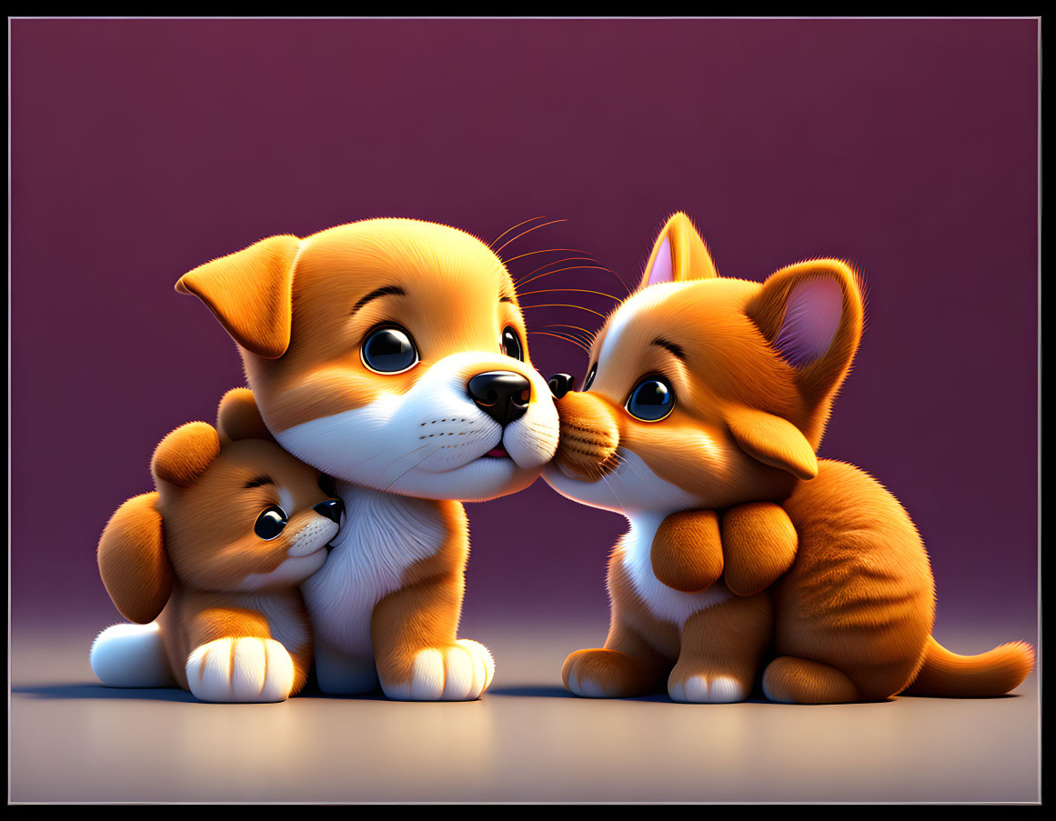 Three animated puppies interact on purple background