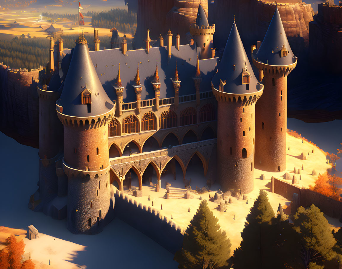 Majestic castle with towers and arches in golden sunlight