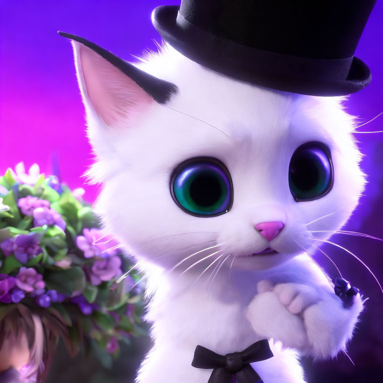 Animated white kitten with green eyes in top hat and bowtie with purple lighting and flowers.