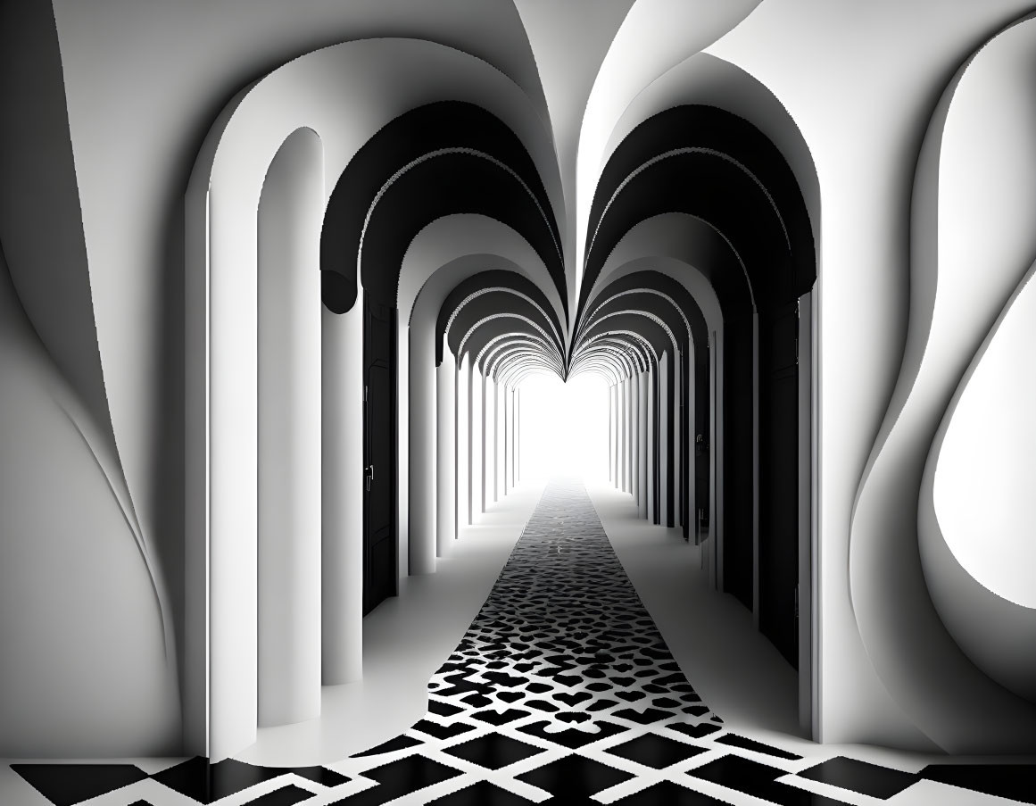 Monochrome image of endless corridor with arched doorways and checkered floor